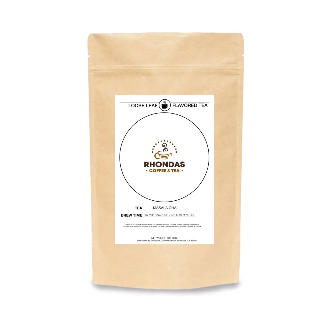Rhondas Coffee & Tea Masala Chai loose leaf tea in a kraft paper package
