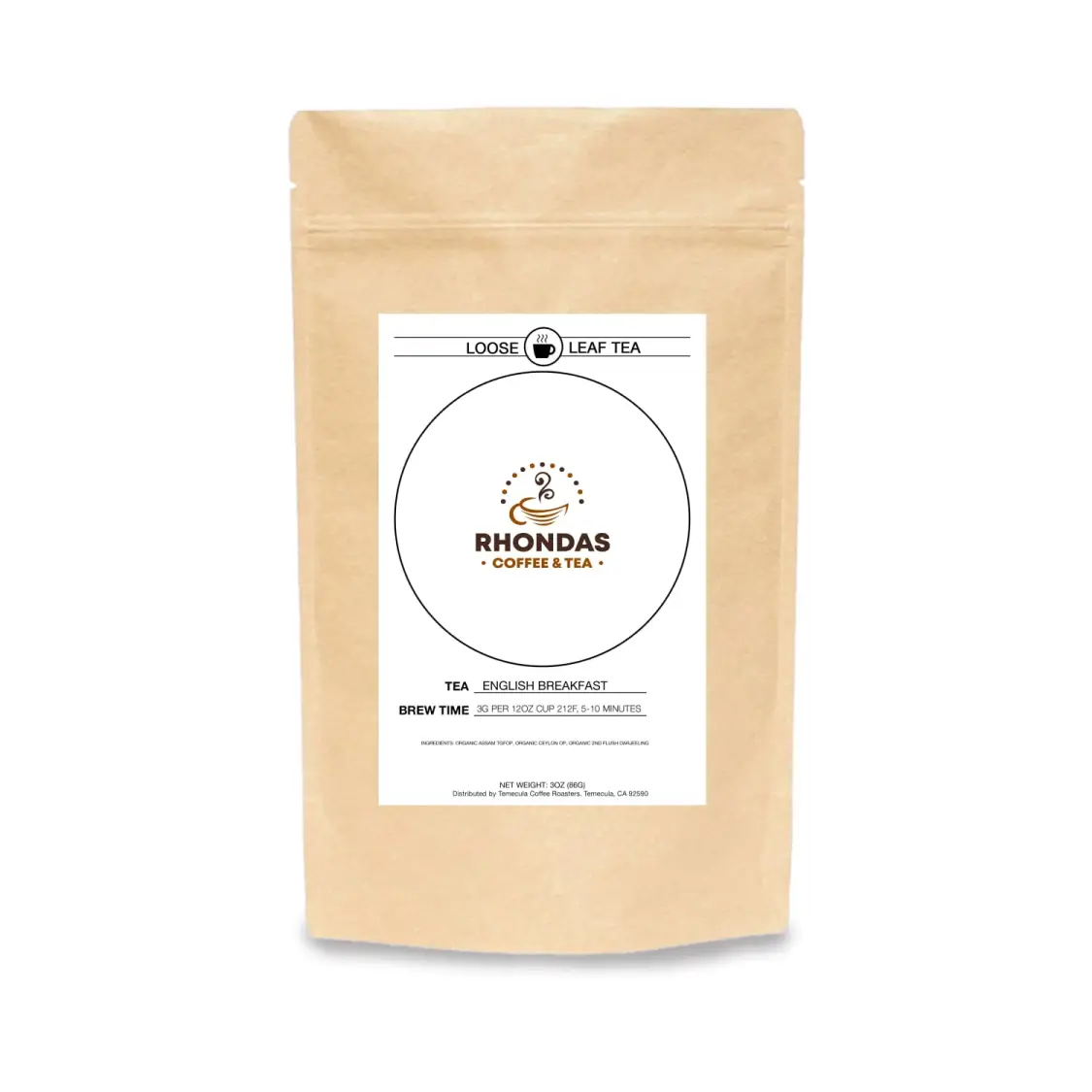 Rhondas Coffee & Tea English Breakfast loose leaf tea in a kraft paper package