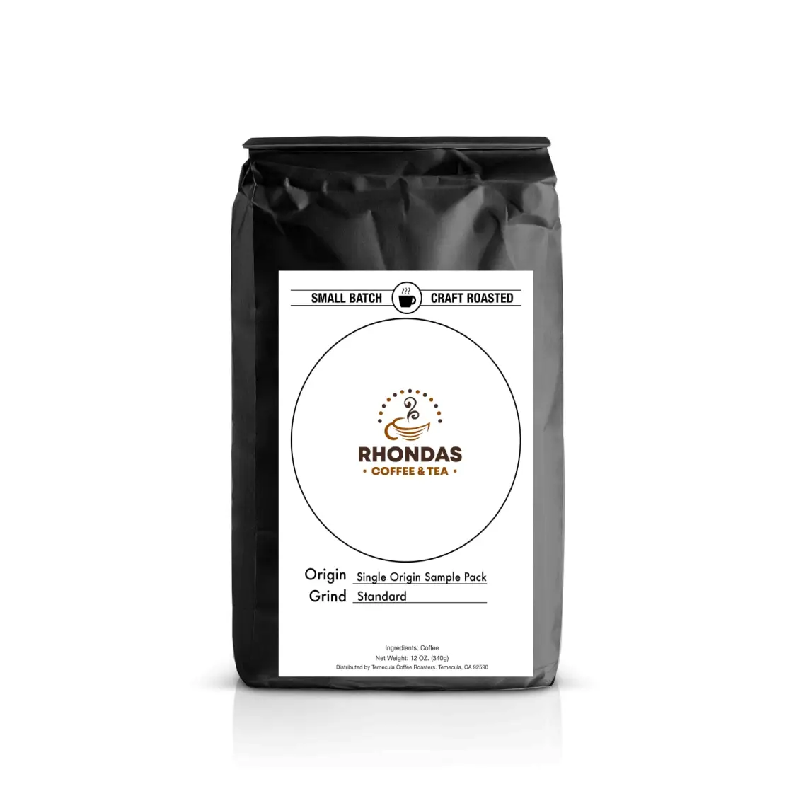 Rhondas Coffee & Tea single origin sample pack in a black craft roasted coffee bag
