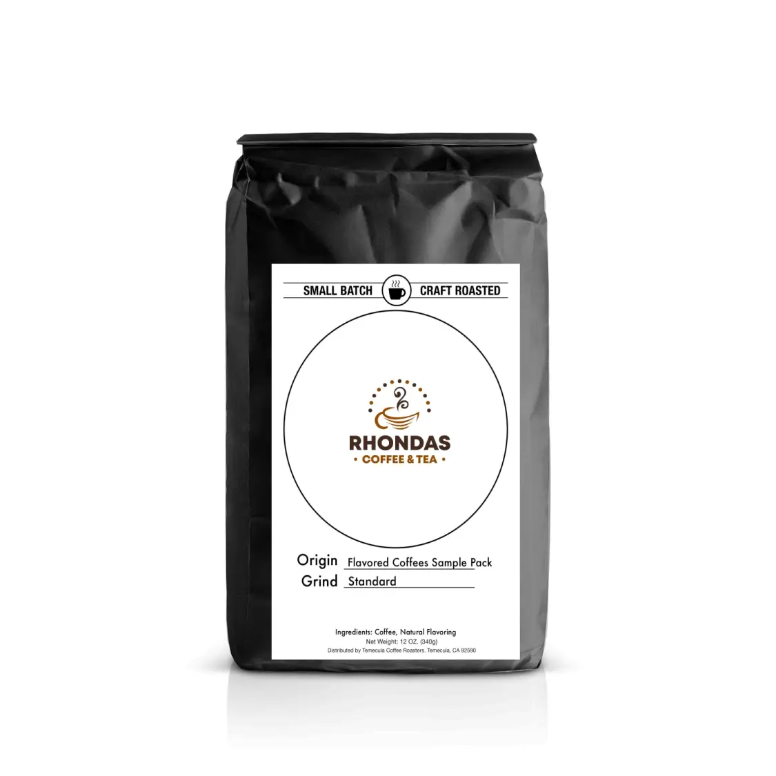 Rhondas Coffee & Tea flavored coffee sample pack in a black craft roasted coffee bag