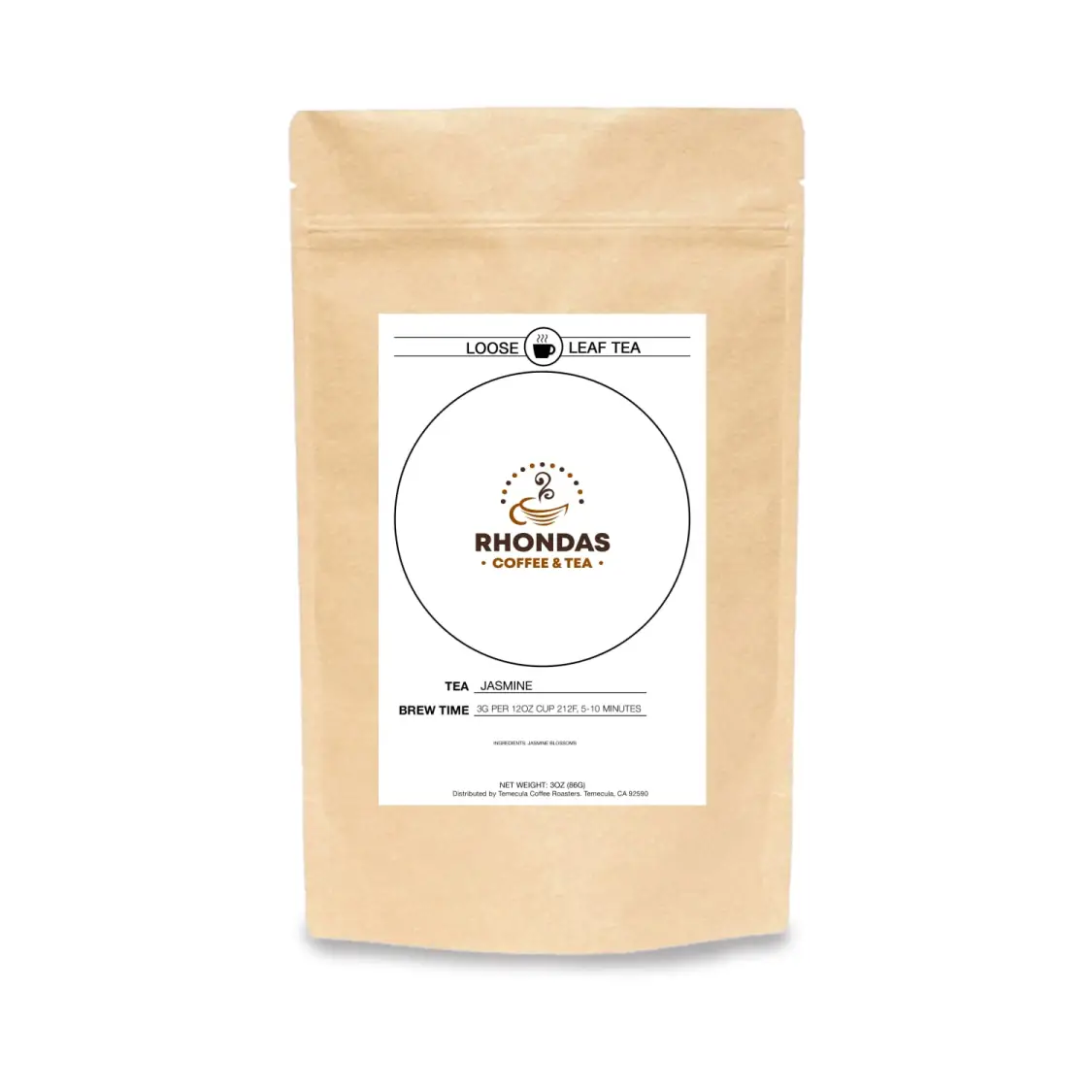 Rhondas Coffee & Tea Jasmine loose leaf tea in a kraft paper package