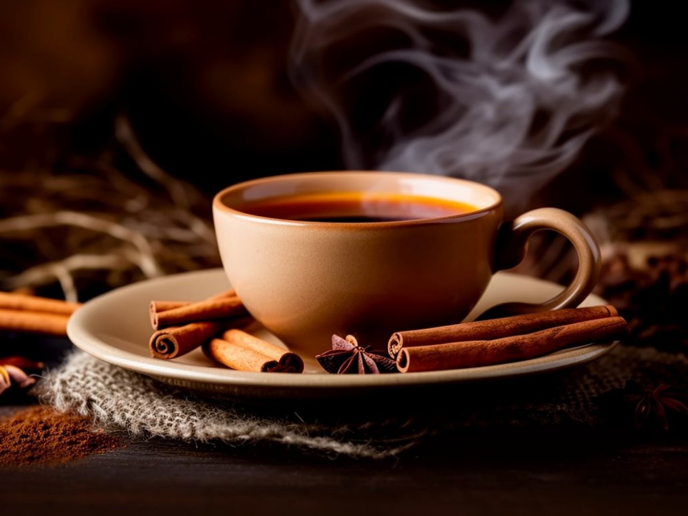 Warm cup of tea with cinnamon sticks and spices creating a cozy beverage scene