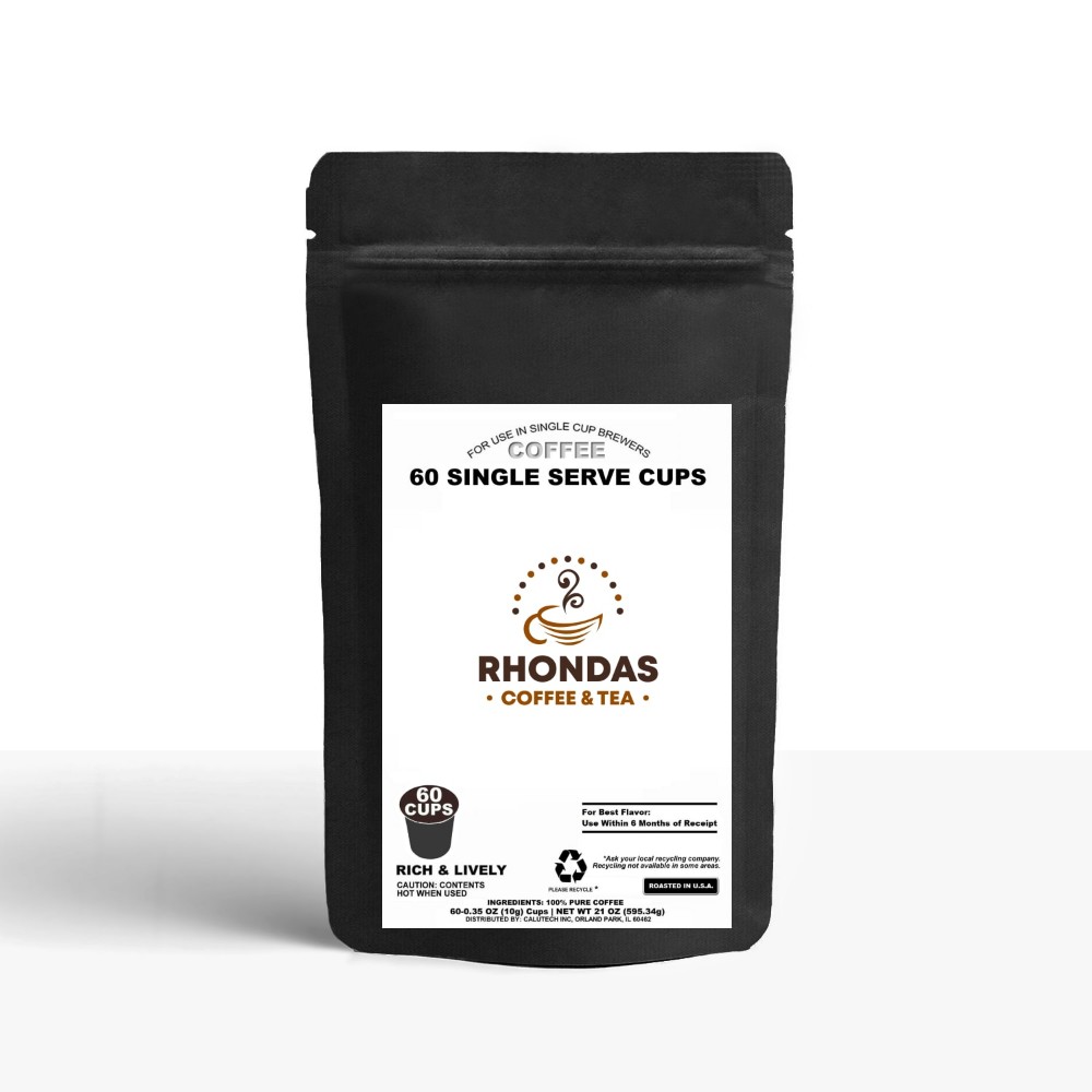 Rhondas Coffee & Tea 60 single serve coffee cups in a black package for brewers