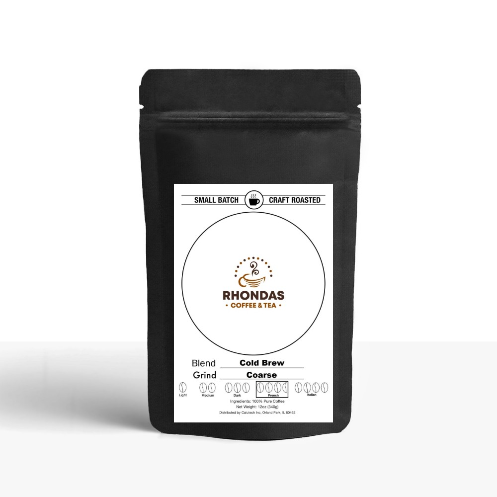 Rhondas Coffee & Tea Cold Brew ground coffee in a black 12-ounce coffee bag