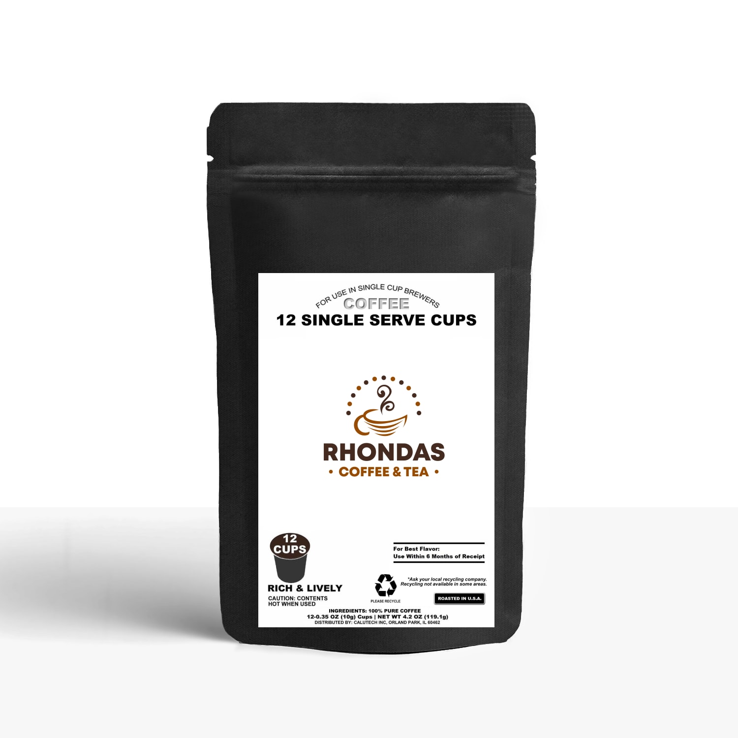 Rhondas Coffee & Tea 12 single serve coffee cups in a black package for brewers.