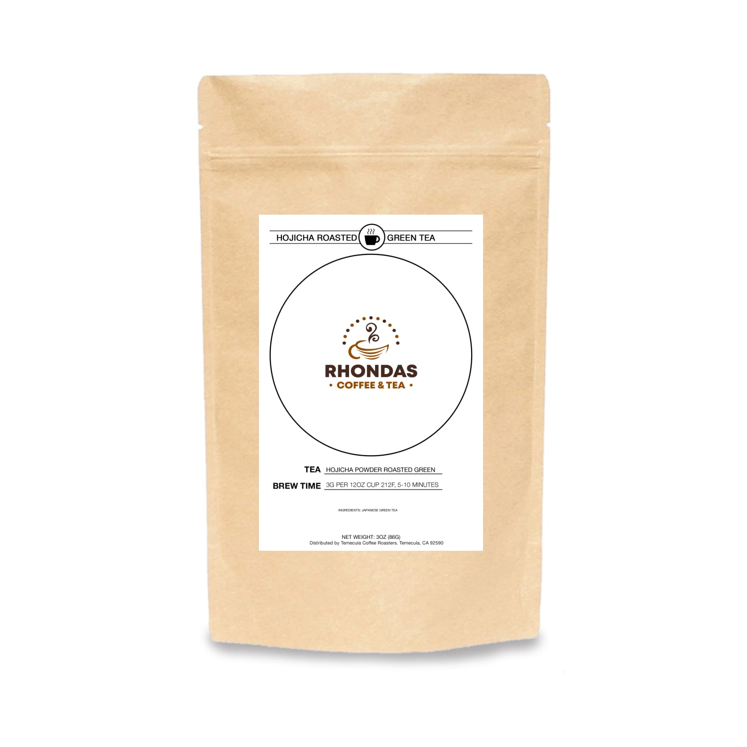 Rhondas Coffee & Tea Hojicha roasted green tea in a kraft paper package