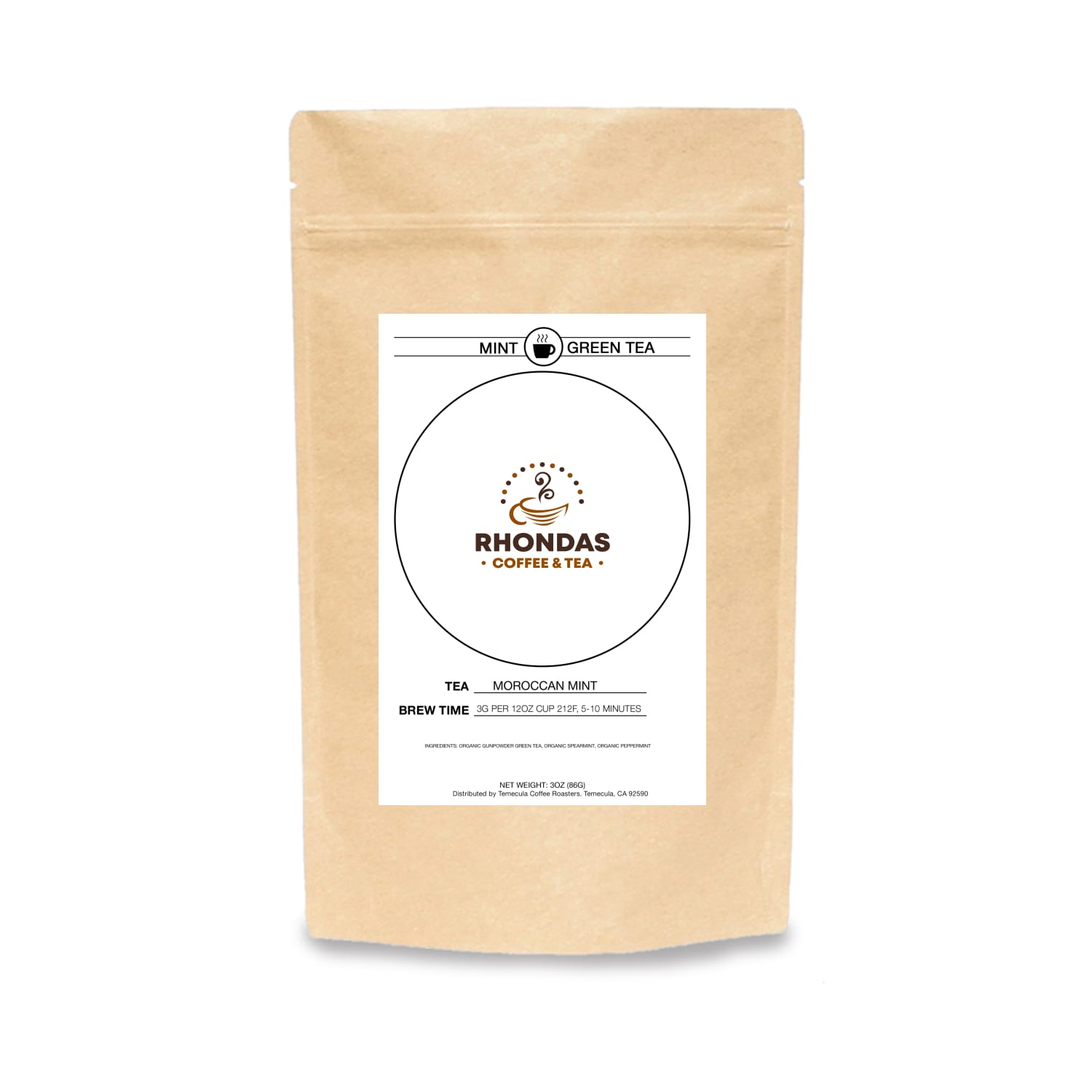 Rhondas Coffee & Tea Moroccan Mint green tea in a kraft paper package