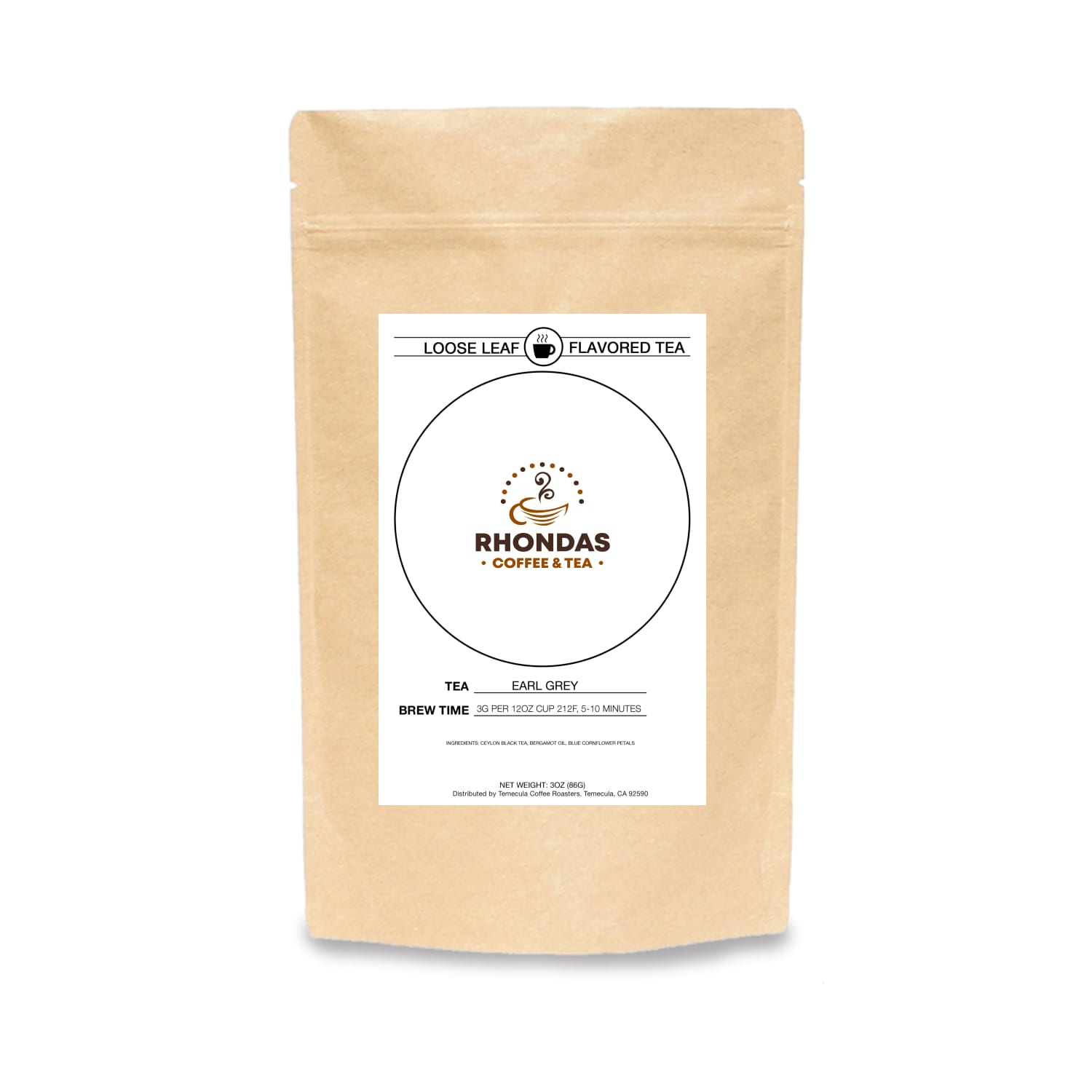 Rhondas Coffee & Tea Peach Paradise loose leaf tea in a kraft paper package