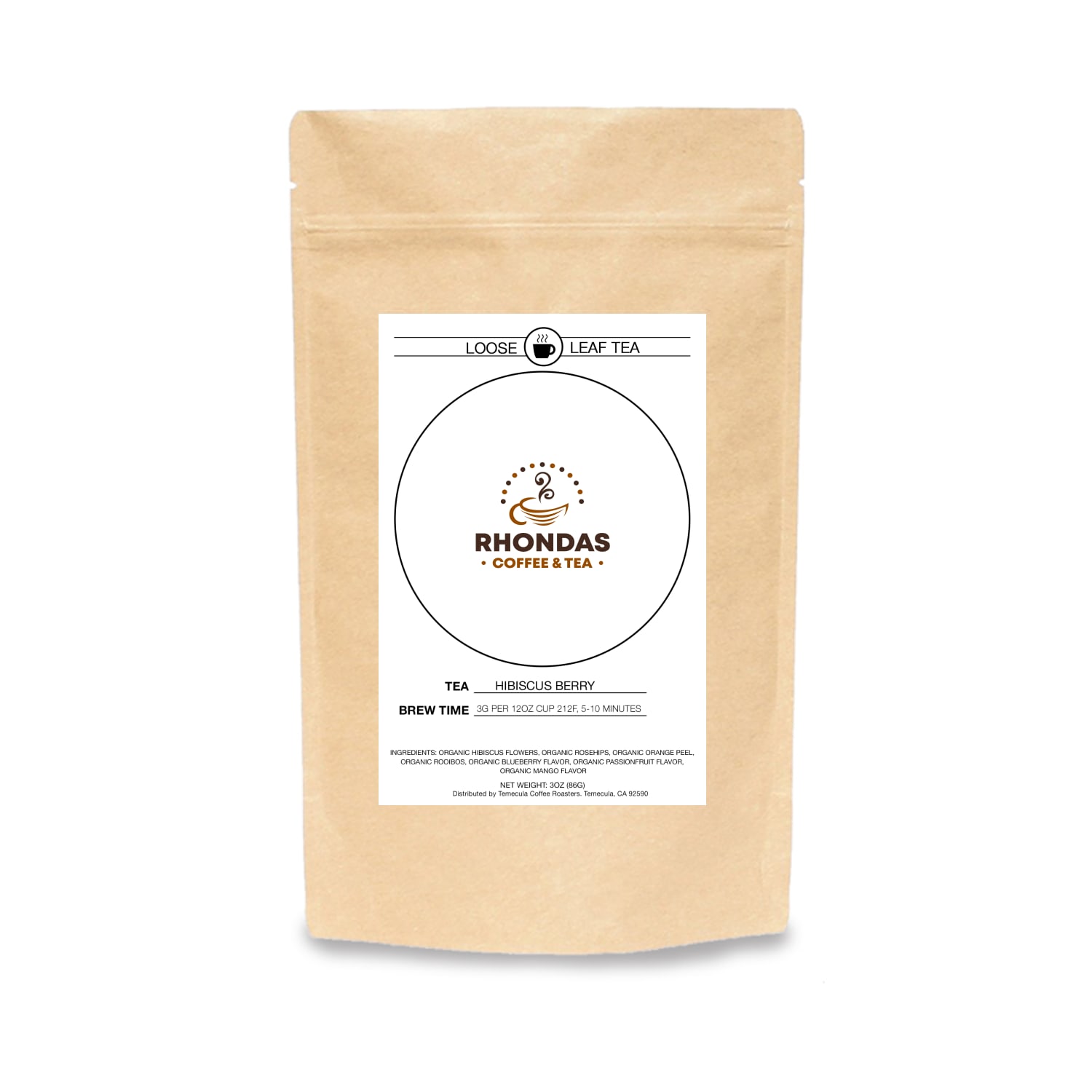 Rhondas Coffee & Tea Hibiscus Berry loose leaf tea in a kraft paper package