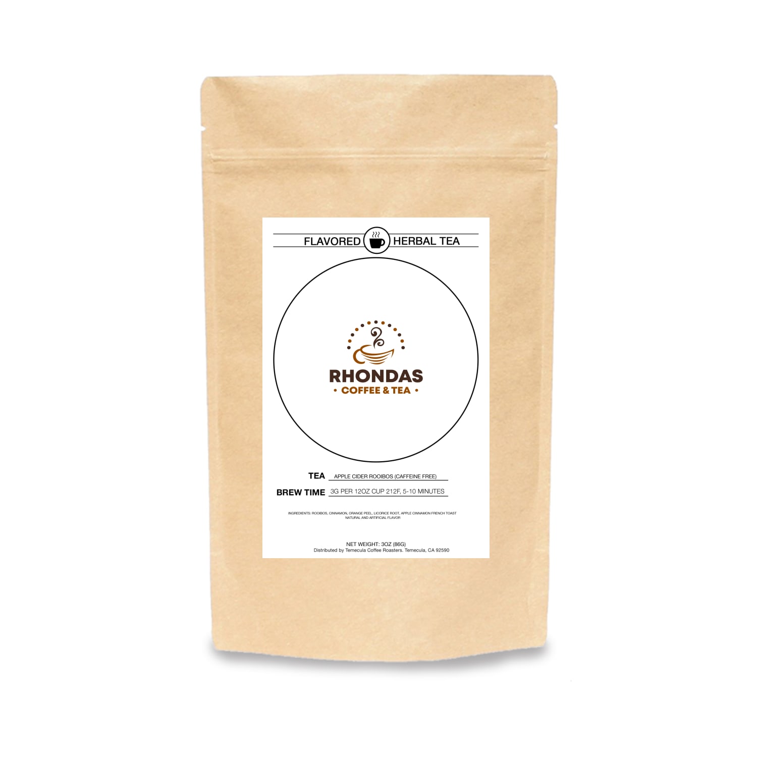 Rhondas Coffee & Tea Apple Cider Rooibos herbal tea in a kraft paper package