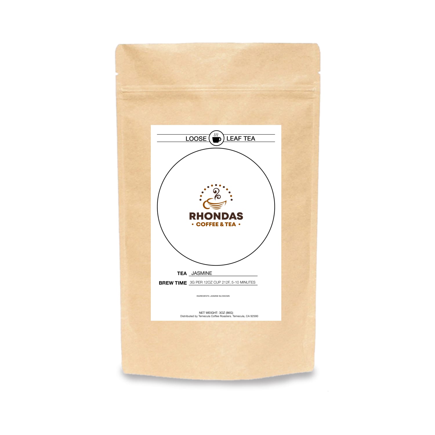 Rhondas Coffee & Tea Jasmine loose leaf tea in a kraft paper package