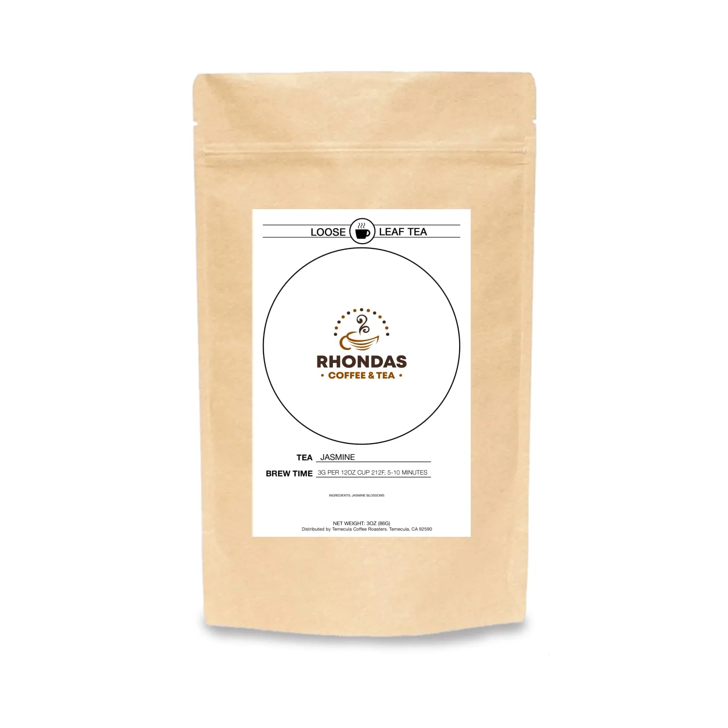 Rhondas Coffee & Tea Jasmine loose leaf tea in a kraft paper package