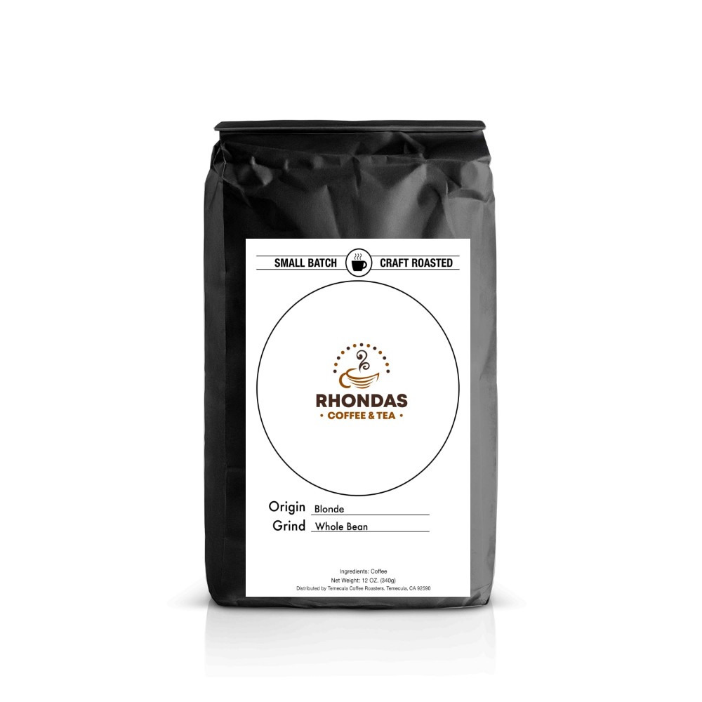 Rhondas Coffee & Tea Blonde whole bean coffee in a black small batch roasted bag